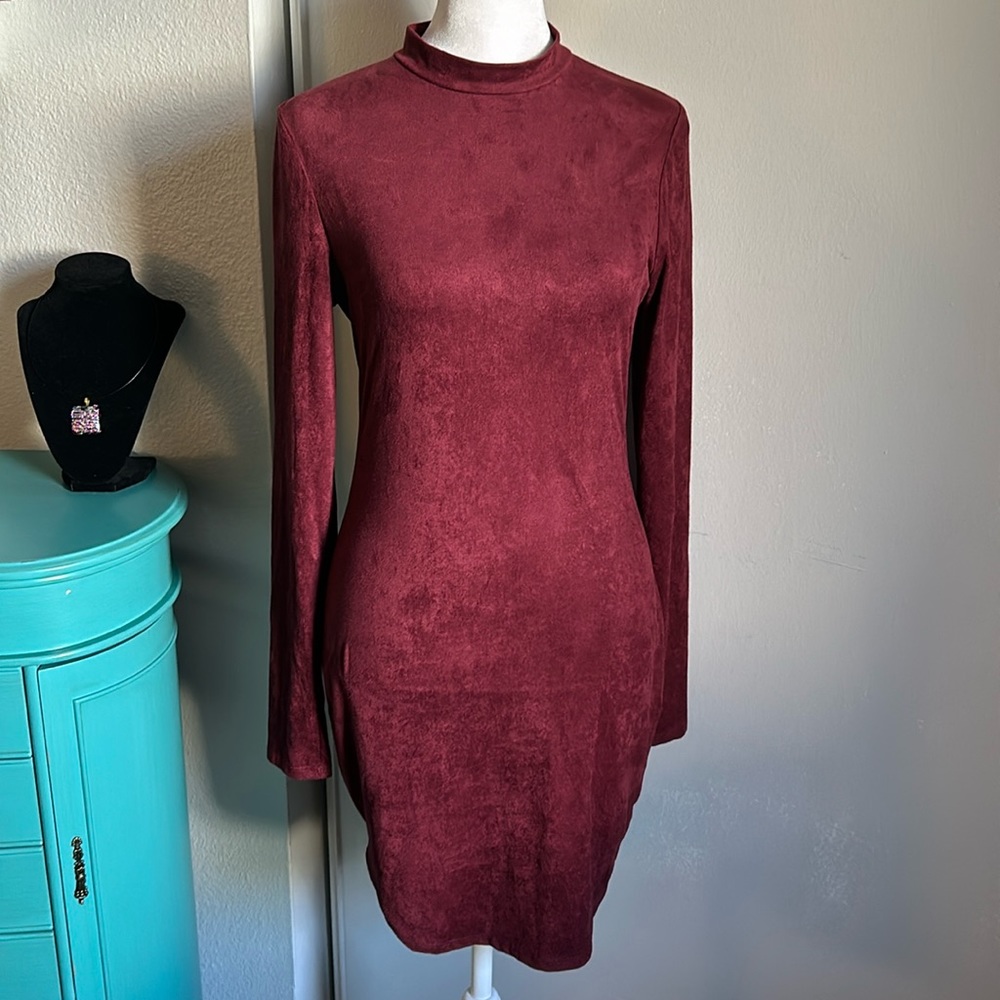 Fashion Nova Women’s Long Sleeve Suede Like Mock Neck Curve Contouring Dress